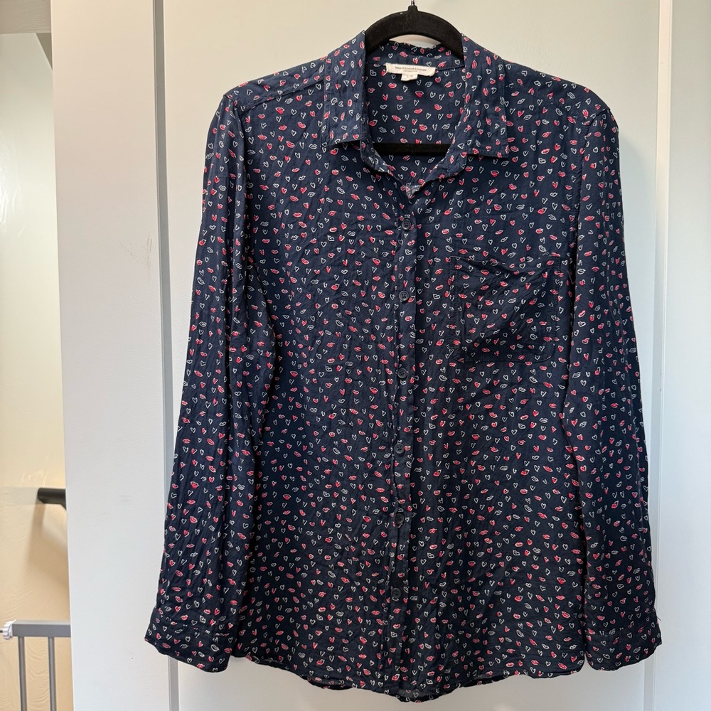 Beachlunchlounge Long Sleeve Viscose Button‎ Down Shirt Lips Hearts Love Navy L